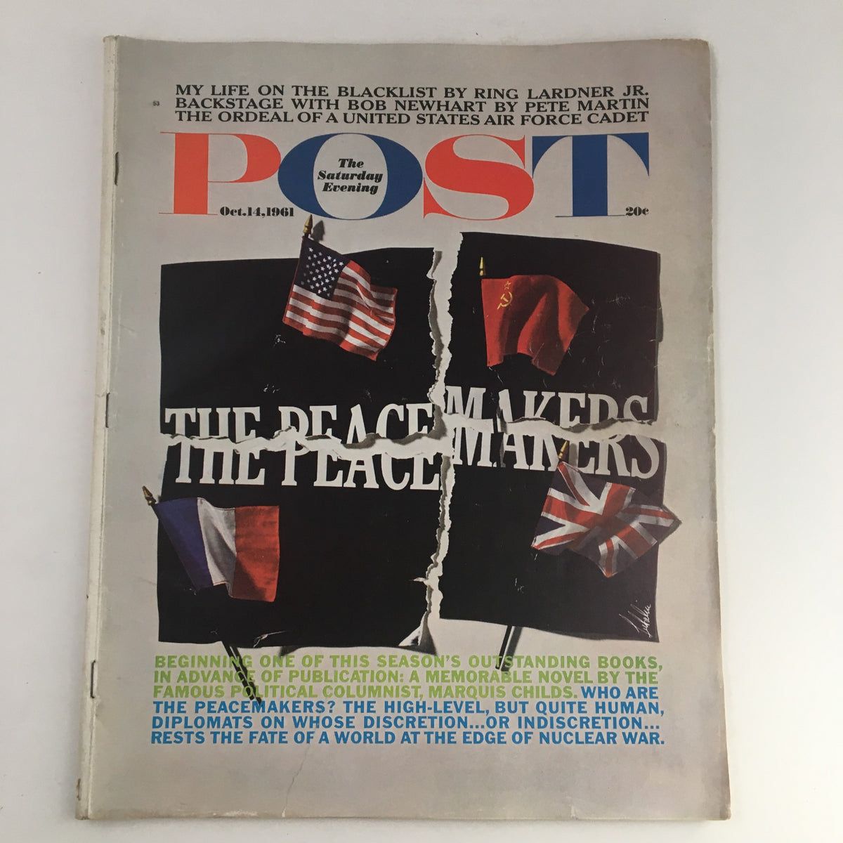 Cover of The Saturday Evening Post October 14, 1961 showcasing the theme 'The Peace Makers of the World' with flags and a dramatic torn cover design.