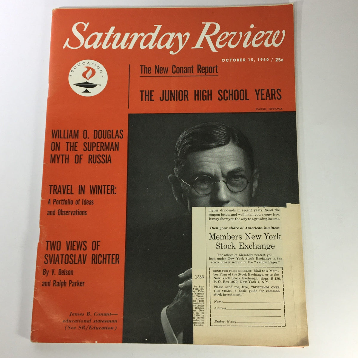 Vintage Saturday Review Magazine cover from October 15, 1960 featuring an article by William O. Douglas on the Superman myth of Russia, displaying educational themes and captivating visuals.