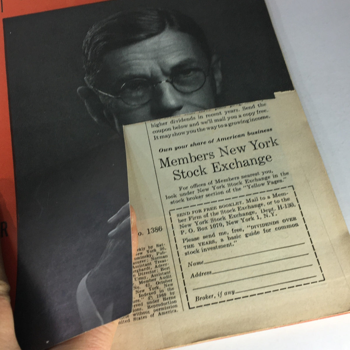 Inside of the VTG Saturday Review Magazine from October 15, 1960, showing a portrait of a man in glasses and an advertisement for the Members New York Stock Exchange.