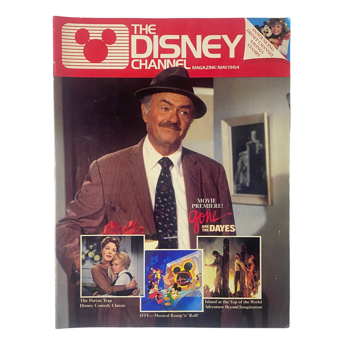The Disney Channel Magazine May 1984 featuring the premiere of 'Gone Are The Dayes'. The cover includes images related to the featured movie and Disney content, highlighting classic shows and movies from the early Disney Channel era.