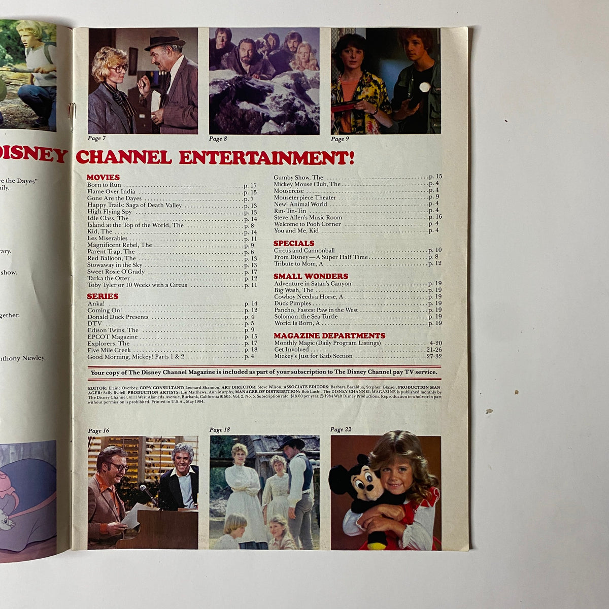 Interior page of The Disney Channel Magazine May 1984 showcasing various movies and entertainment features, including 'Gone Are The Dayes' and programming departments.