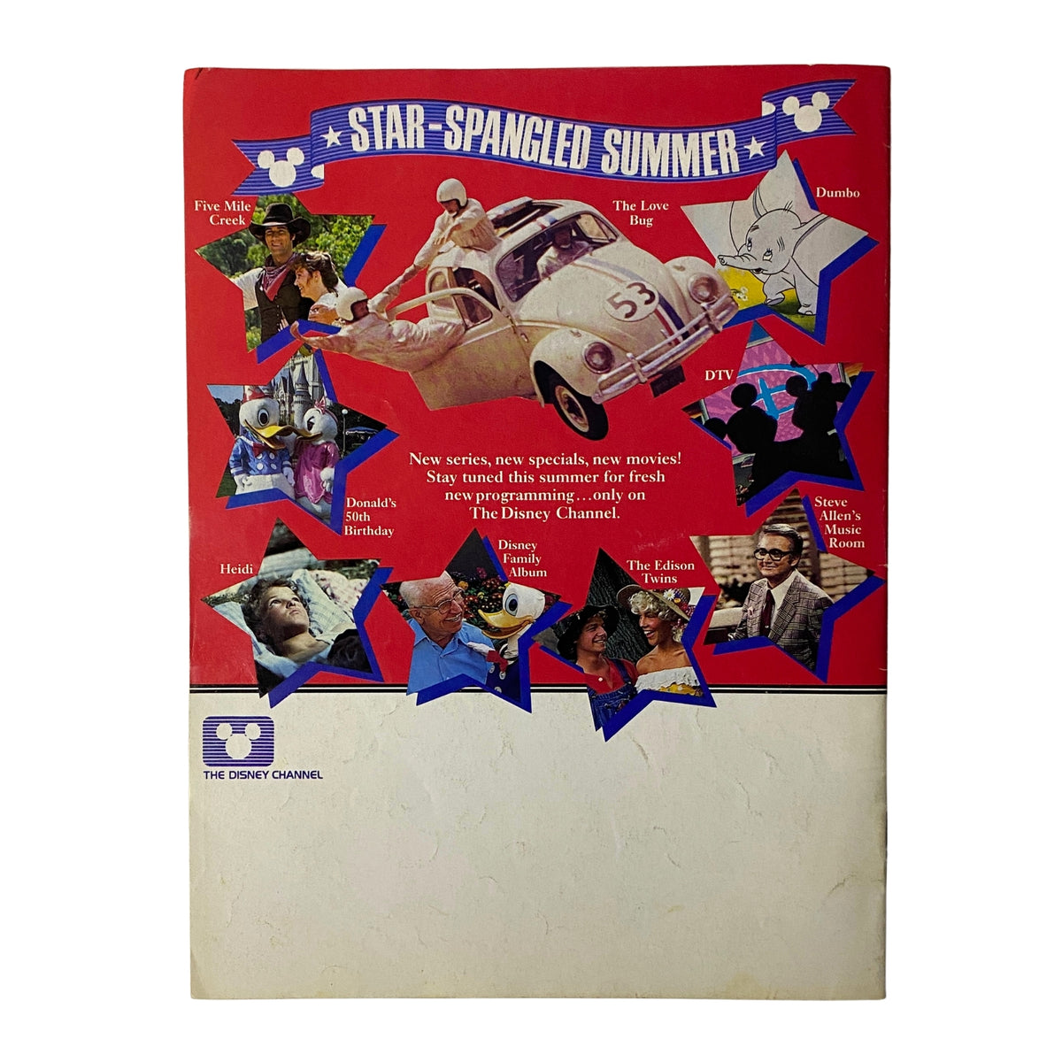 Back cover of The Disney Channel Magazine May 1984 highlighting summer programming, including 'Star-Spangled Summer' and promotional images from Disney classics.