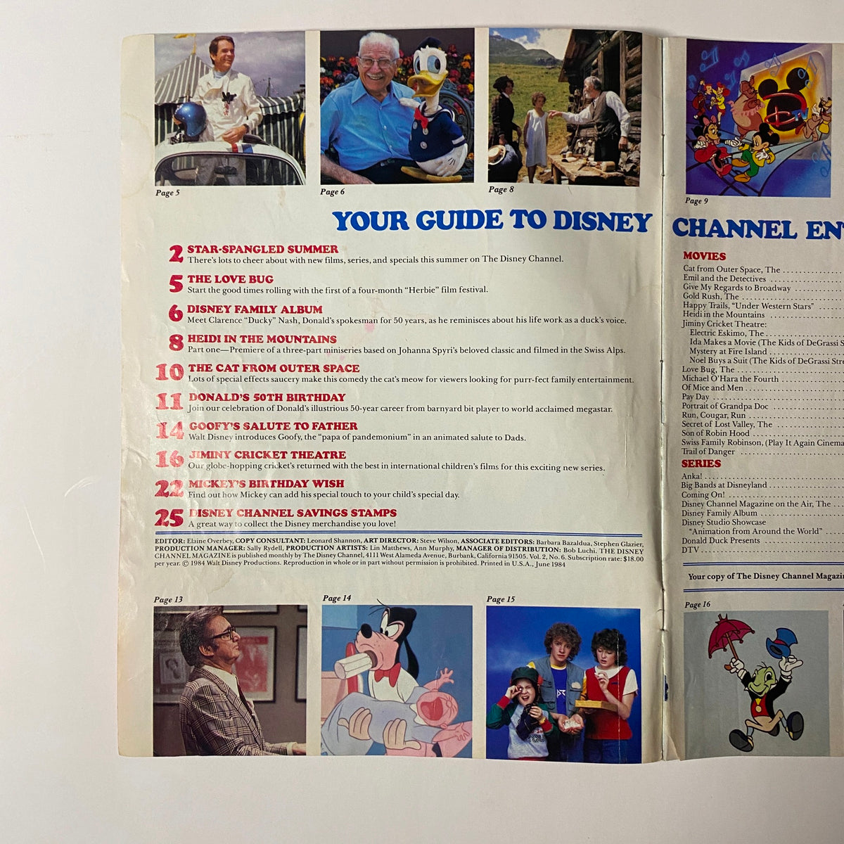 Interior page of The Disney Channel Magazine June 1984 displaying the Disney Family Album section with Donald Duck and features on summer films and cartoons.