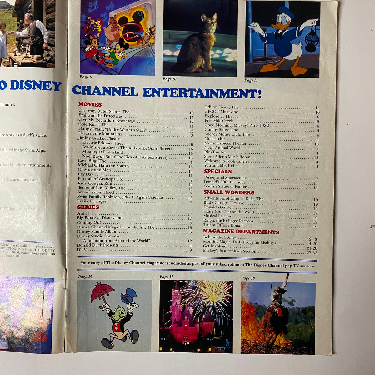 Interior page of The Disney Channel Magazine June 1984 featuring movie listings, series details, and special features including The Cat from Outer Space, Donald Duck, and Disney Family Album.