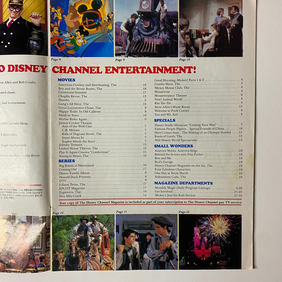 Another inside page of The Disney Channel Magazine July 1984 highlighting movies, specials, and show listings related to Disney Channel entertainment.