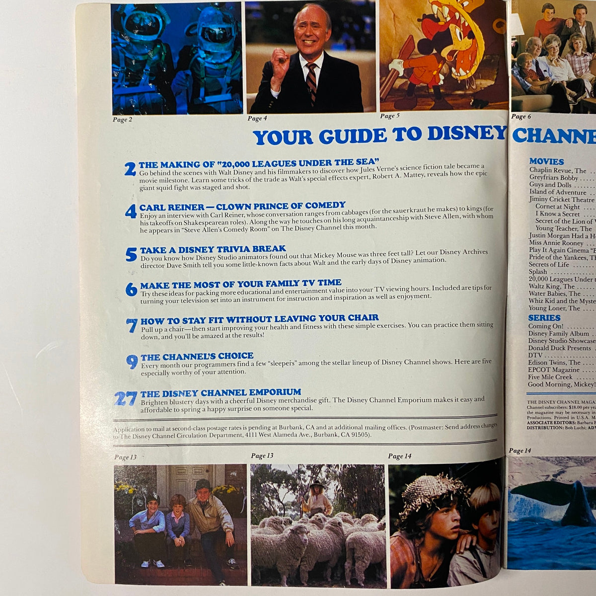 Inside page of The Disney Channel Magazine March 1985, displaying the feature articles including 'The Making of 20,000 Leagues Under the Sea' and 'Carl Reiner - Clown Prince of Comedy' along with images related to the content.