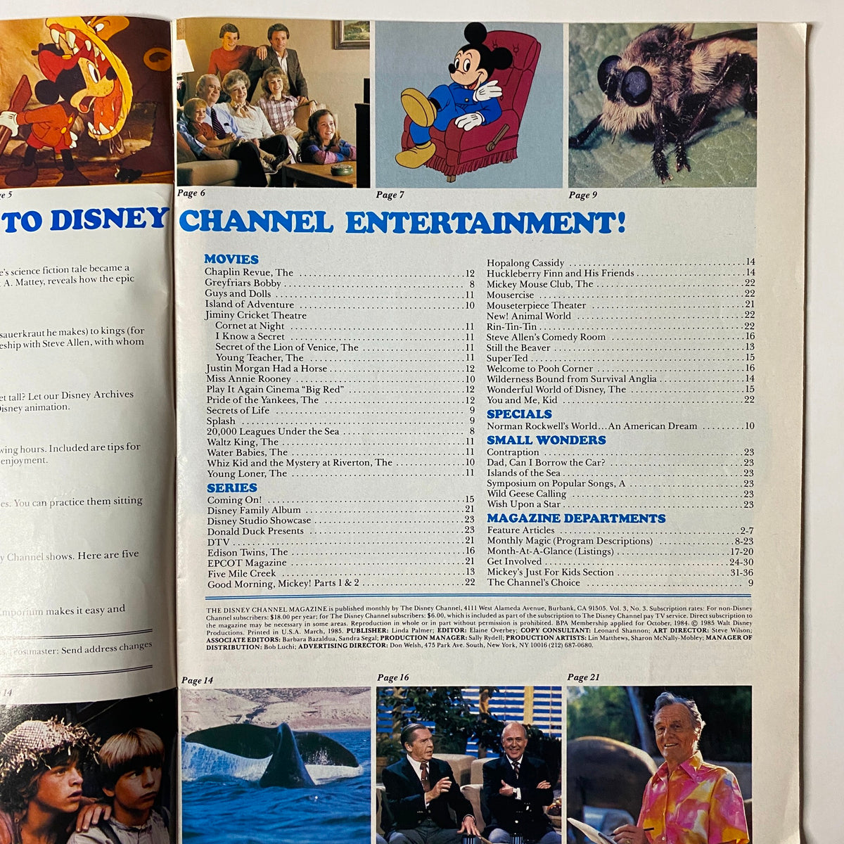 Second interior page from The Disney Channel Magazine March 1985, highlighting movies and series listings like 'Mickey Mouse Club' and 'Disney Family Album', accompanied by relevant imagery.