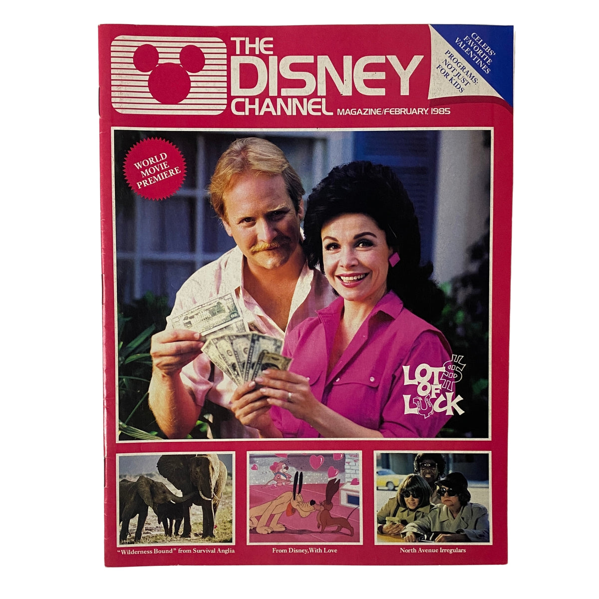 The Disney Channel Magazine February 1985 cover featuring actors from the program 'Lots of Luck' and promotional images of 'Wilderness Bound'.