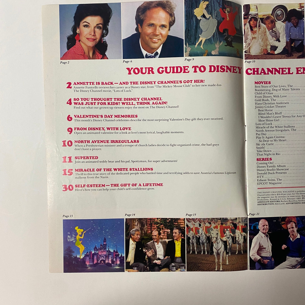 Inside page of The Disney Channel Magazine February 1985 showing articles including 'Annette Is Back' and 'North Avenue Irregulars' with colorful images.