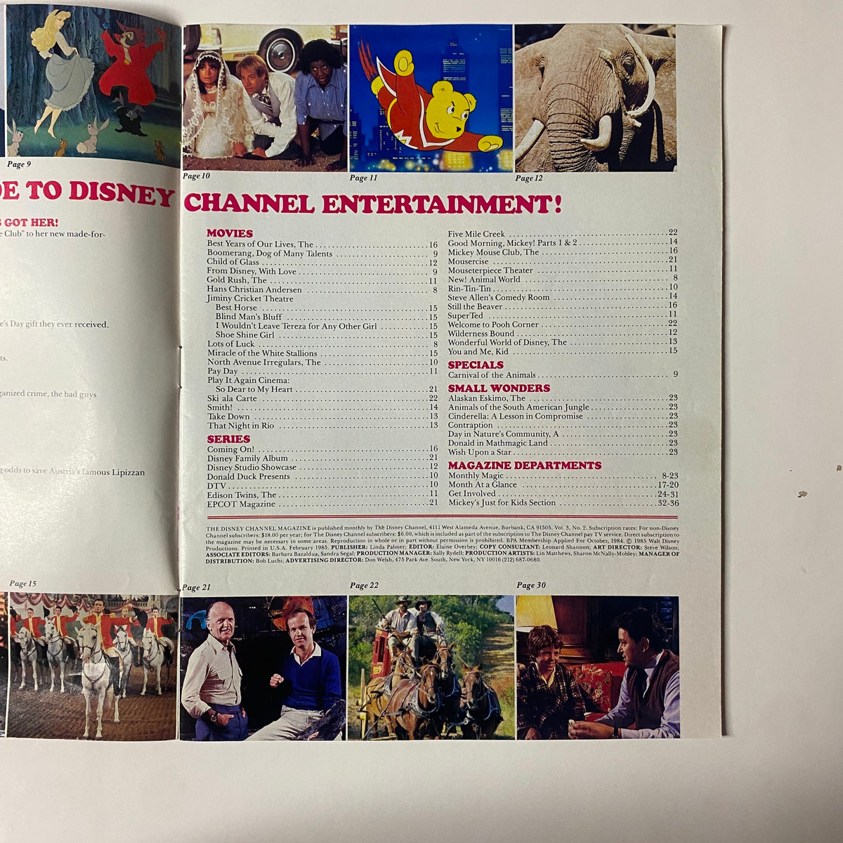 Another inside page of The Disney Channel Magazine February 1985 detailing Disney Channel movies and series listings, including 'SuperTed' and 'The Wonderful World of Disney'.