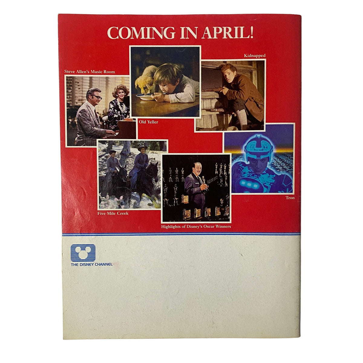 The Disney Channel Magazine March 1984 cover featuring highlights for upcoming programming including 'Coming in April', with images from shows like 'Kidnapped', 'Old Yeller', 'Five Mile Creek', and more. A collectible item in very good condition focused on Darby O'Gill and The Little People.