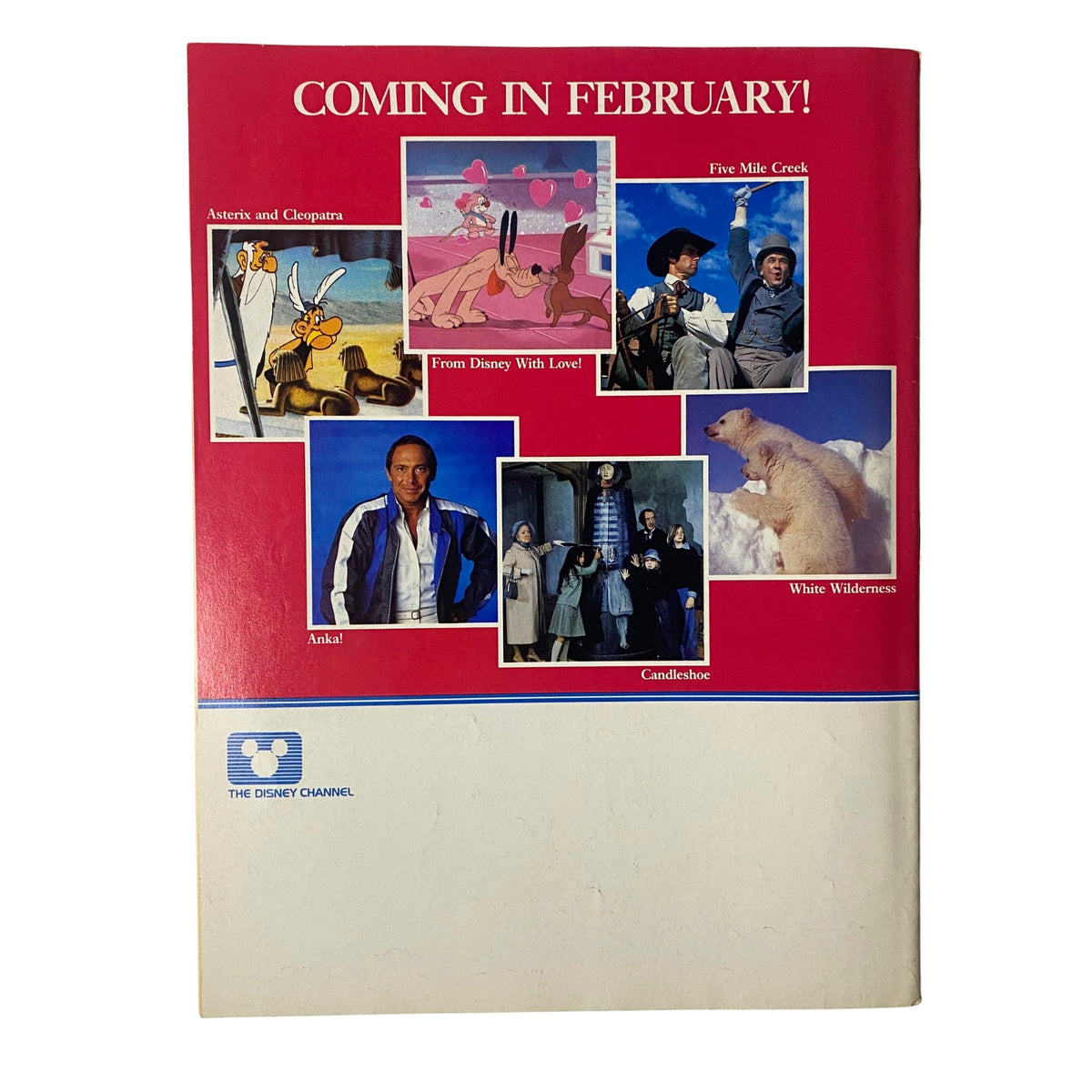 Back cover of The Disney Channel Magazine January 1984 highlighting upcoming features such as Five Mile Creek and Ants and Cleopatra.