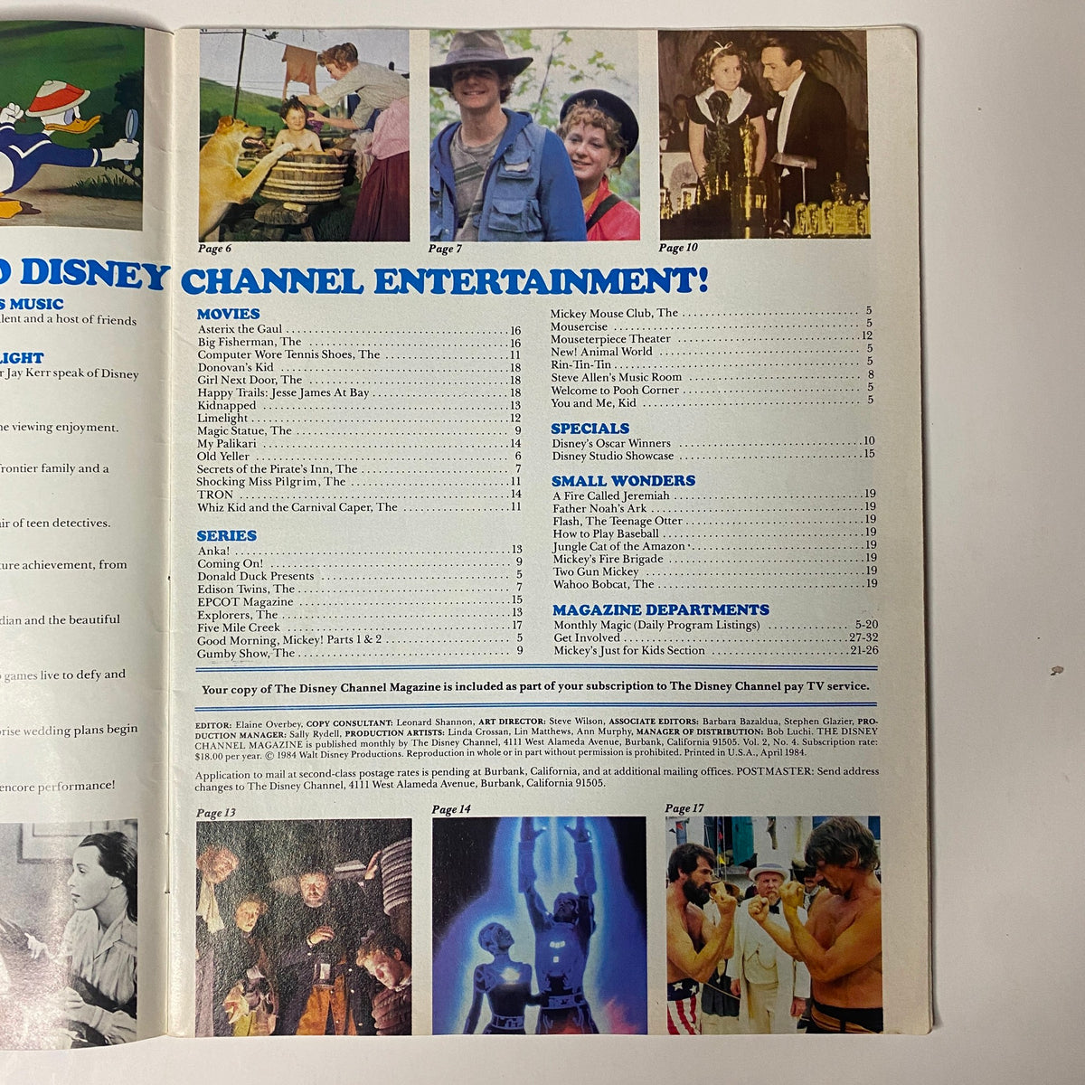 Another inside page from The Disney Channel Magazine April 1984, showcasing Disney Channel entertainment, movies, series, and special features.