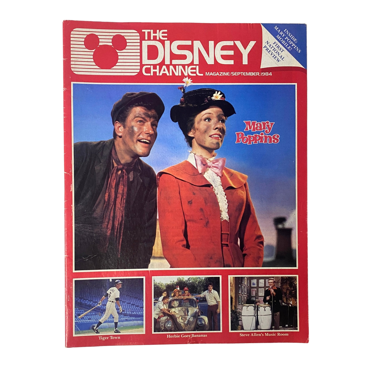 The Disney Channel Magazine September 1984 cover featuring characters from Mary Poppins and Tiger Town, showcasing a vibrant design and iconic Disney branding.