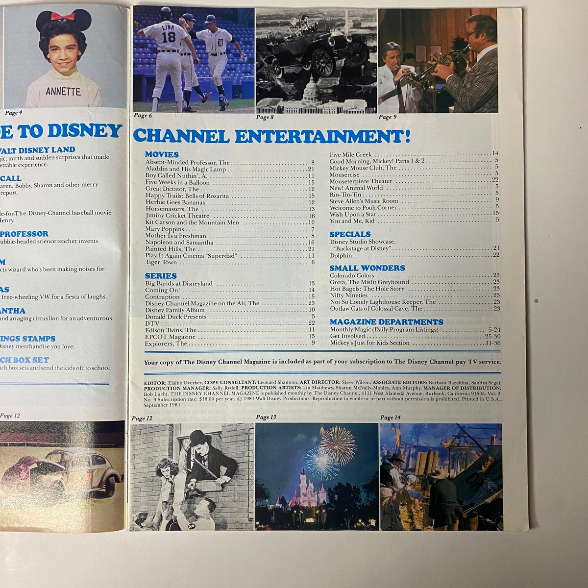 Another inside page of The Disney Channel Magazine September 1984, highlighting Disney movie titles and series, with promotional content and images for early Disney Channel entertainment.