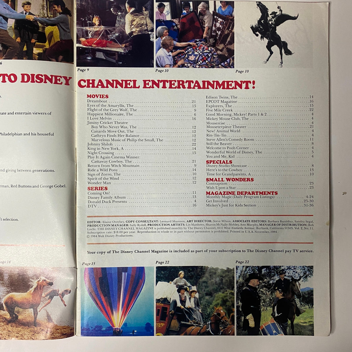 A list of movies and specials from The Disney Channel Magazine November 1984, including titles like The Happiest Millionaire and Return from Witch Mountain.
