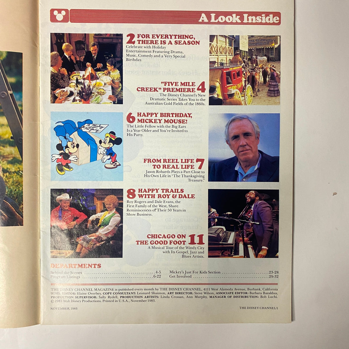 A look inside The Disney Channel Magazine from November 1983, featuring highlights like 'Five Mile Creek' premiere, Mickey Mouse's birthday celebration, and articles on holiday entertainment.