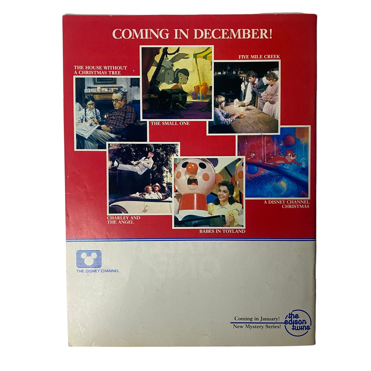 The back cover of The Disney Channel Magazine November 1983, promoting upcoming December programming including 'Five Mile Creek' and various holiday specials.