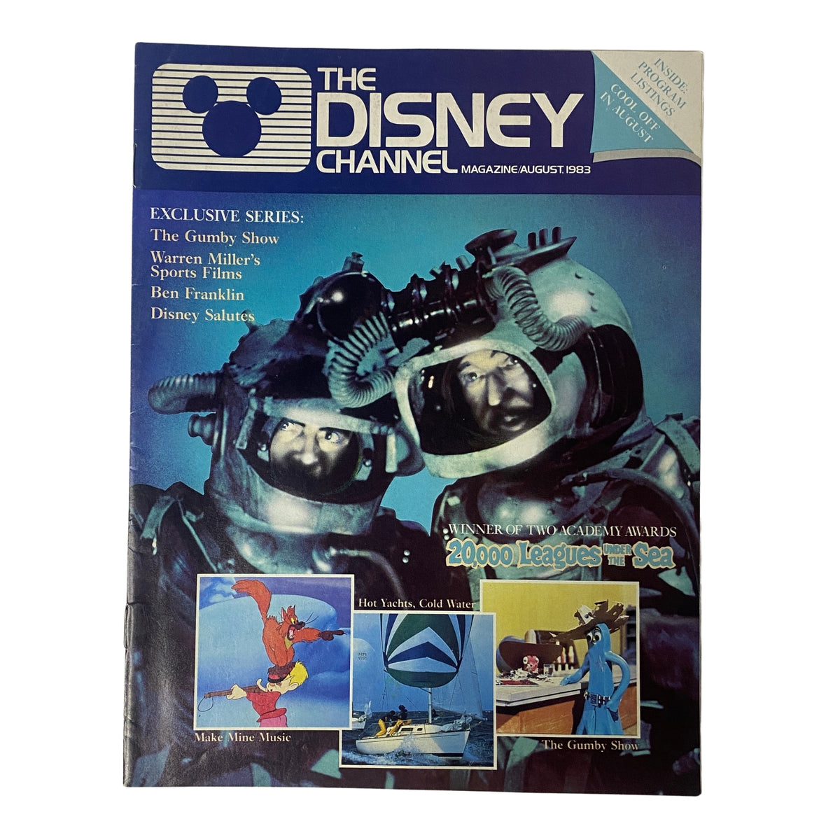 The Disney Channel Magazine August 1983 cover featuring a classic image from 20,000 Leagues Under the Sea and characters from The Gumby Show, highlighting exclusive series and programming.