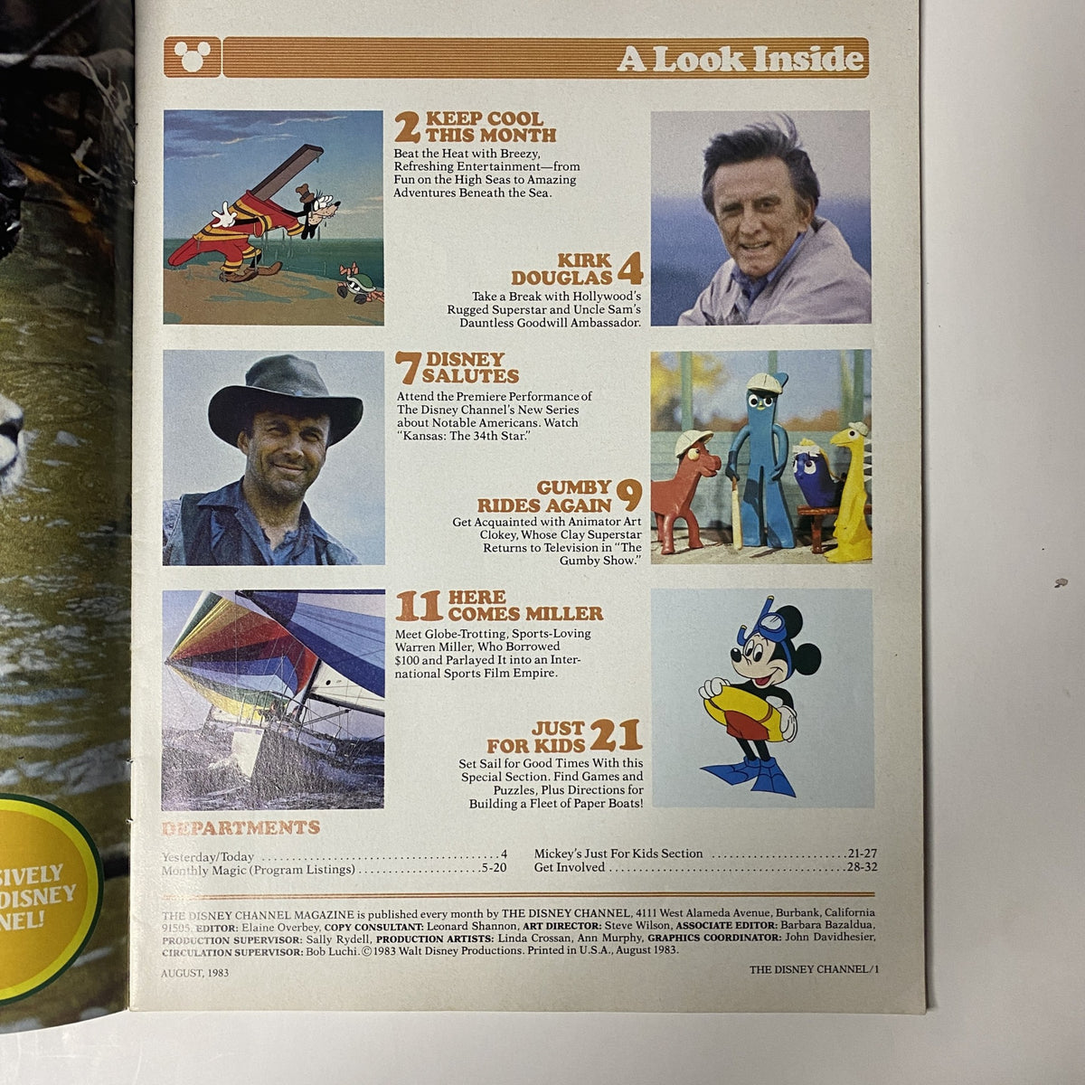 An inside look at The Disney Channel Magazine August 1983 contents including features on Kirk Douglas, Gumby, and Disney Salutes, emphasizing early Disney Channel offerings.