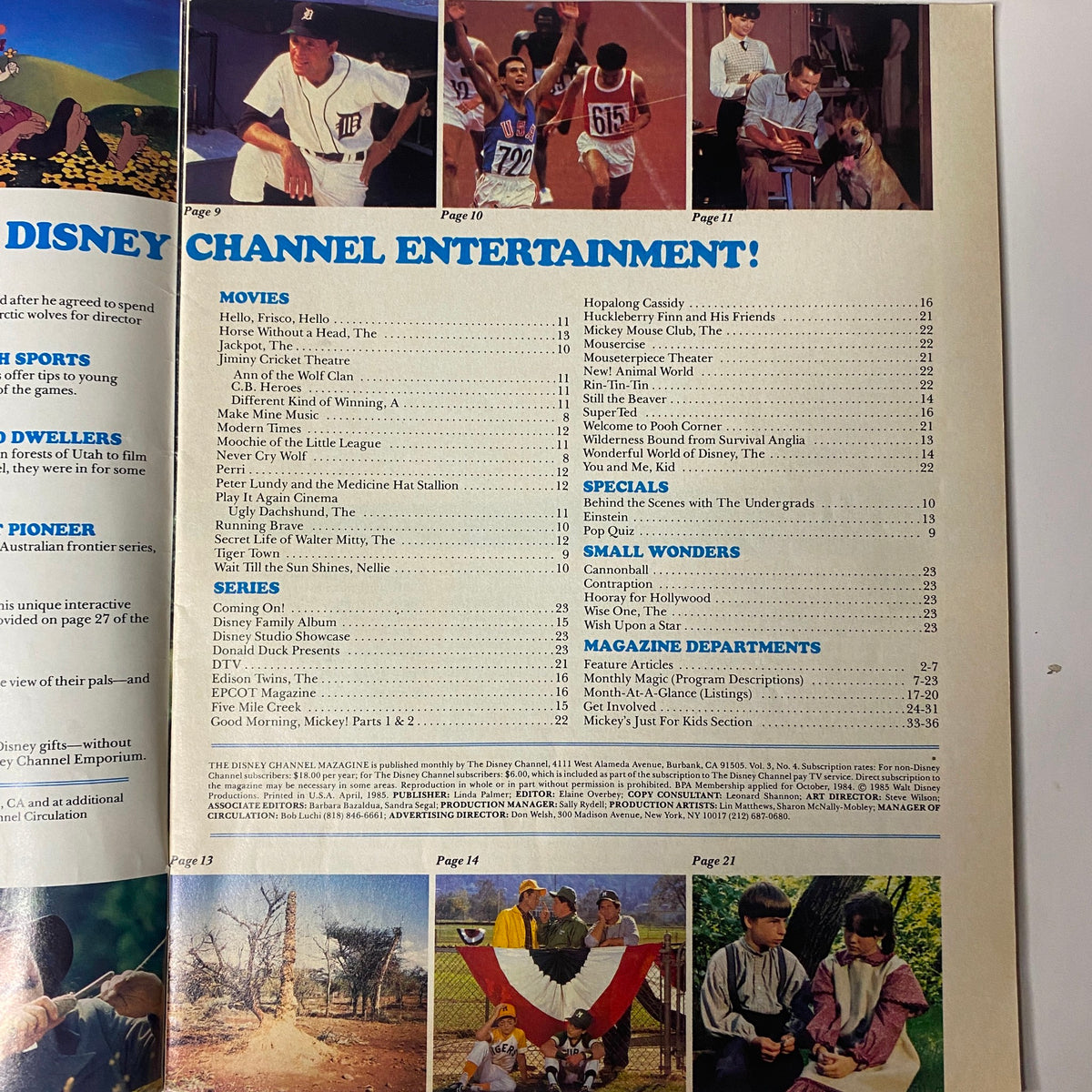 Page from The Disney Channel Magazine April 1985 featuring various movie and series highlights including 'Mr. Smith Goes to the Arctic' and 'How Your Child Can Win with Sports.' This issue showcases content related to Carroll Ballard's film 'Never Cry Wolf.'