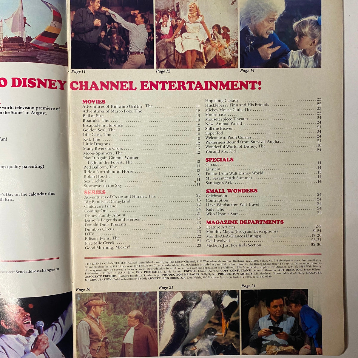 Another inside page of The Disney Channel Magazine June 1985 detailing Disney Channel's movies and series, highlighting entertainment features and schedules.