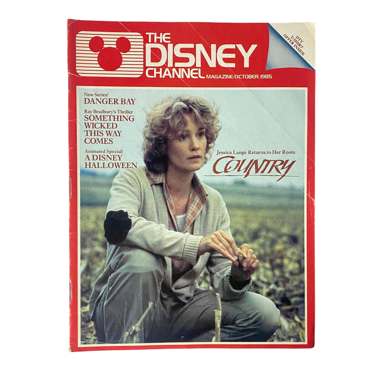 The Disney Channel Magazine October 1985 featuring Jessica Lange on the cover, promoting her return to her roots in the film 'Country,' along with highlights of new series 'Danger Bay' and the animated special 'A Disney Halloween.'