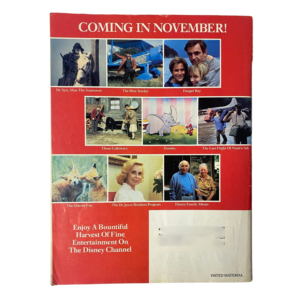 Back cover of The Disney Channel Magazine October 1985, showcasing upcoming programs for November including 'Danger Bay', 'The Blue Yonder', and 'The Last Flight of Noah's Ark'.