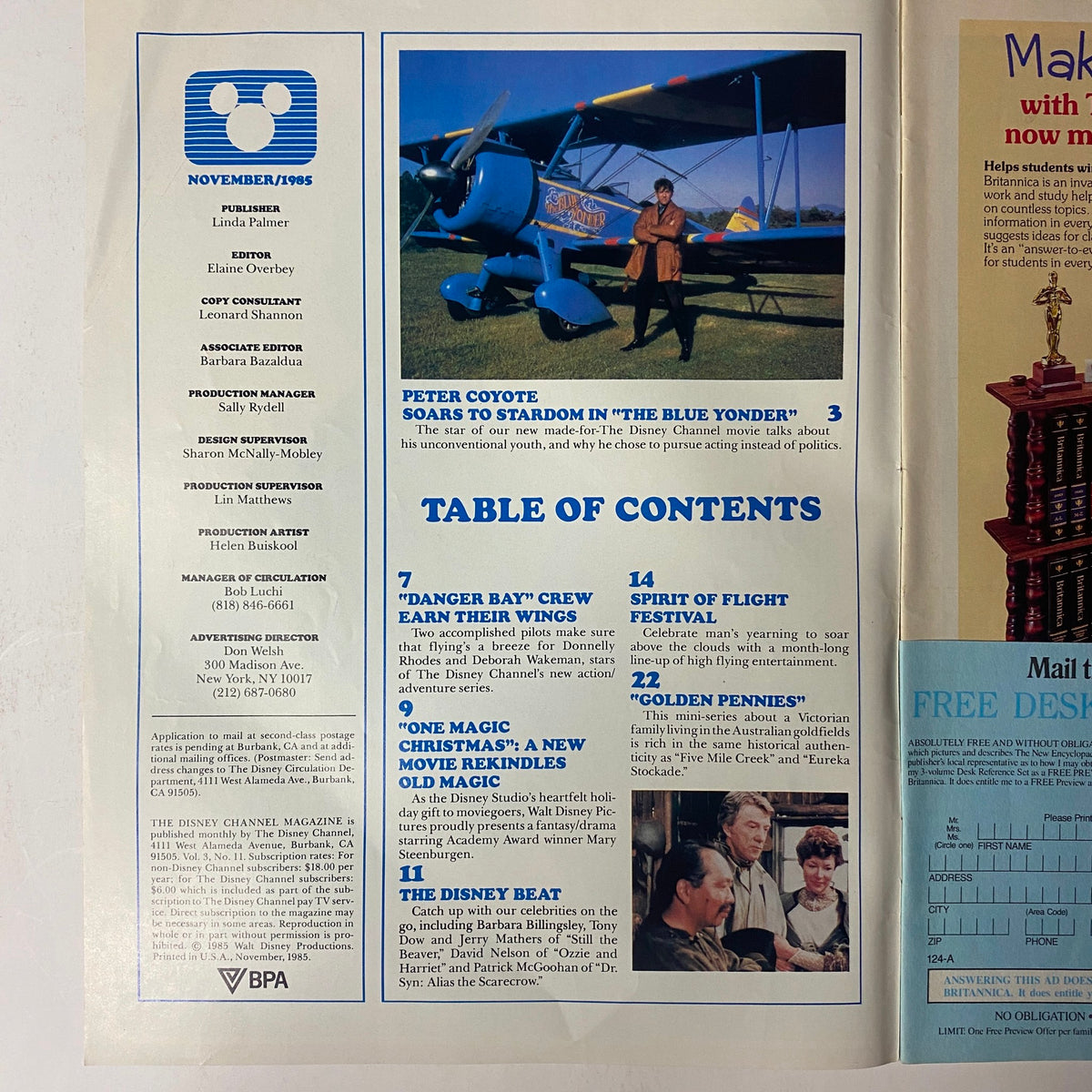 Inside page of The Disney Channel Magazine November 1985 displaying the table of contents, featuring articles on 'Danger Bay', 'Spirit of Flight Festival', and 'One Magic Christmas'.