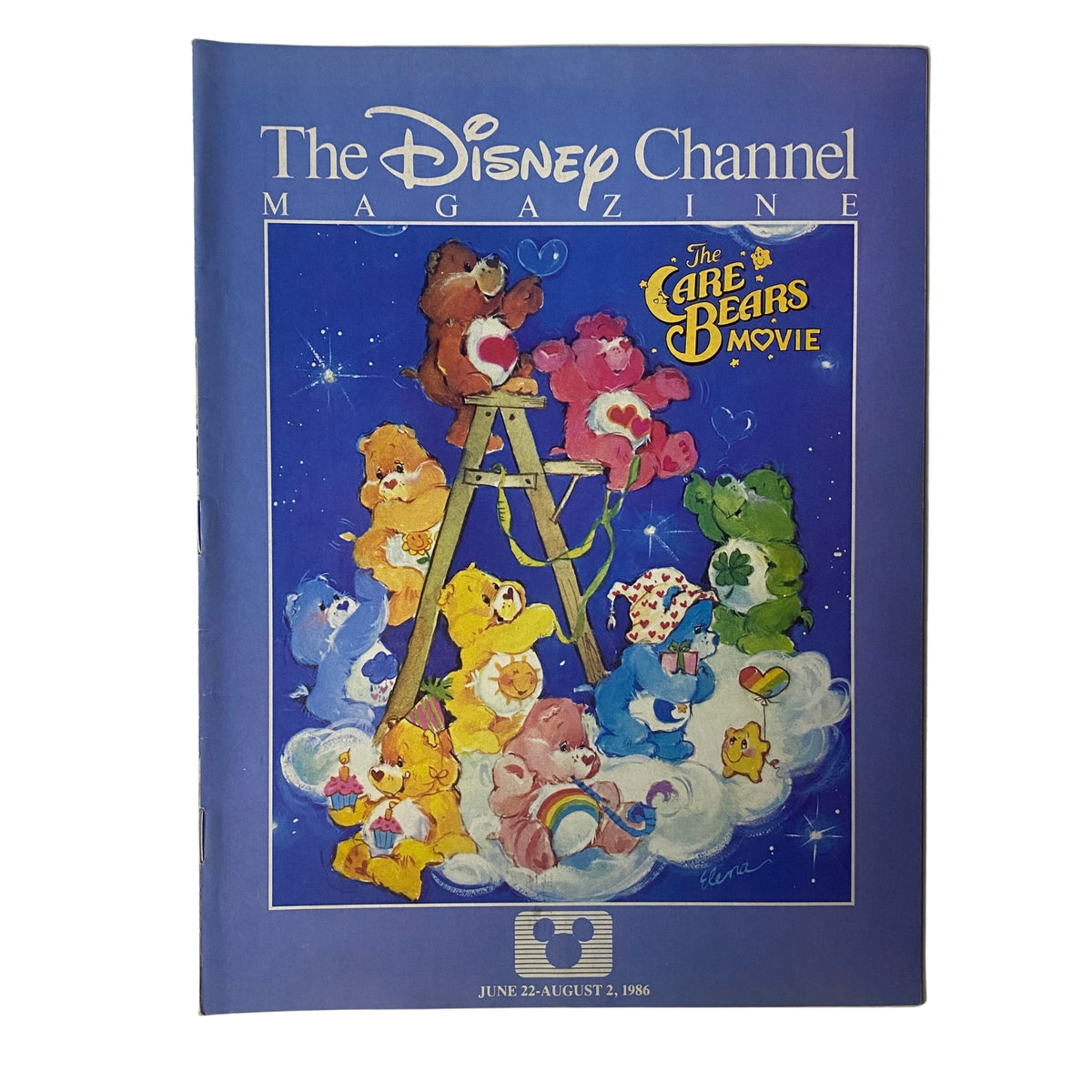 Cover of The Disney Channel Magazine from June 22 to August 2, 1986, featuring The Care Bears Movie and colorful illustrations of Care Bears against a starry background.