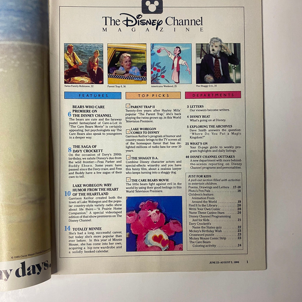 Contents page of The Disney Channel Magazine June 22 to August 2, 1986, showcasing features, top picks, and departments related to children's programming and entertainment.