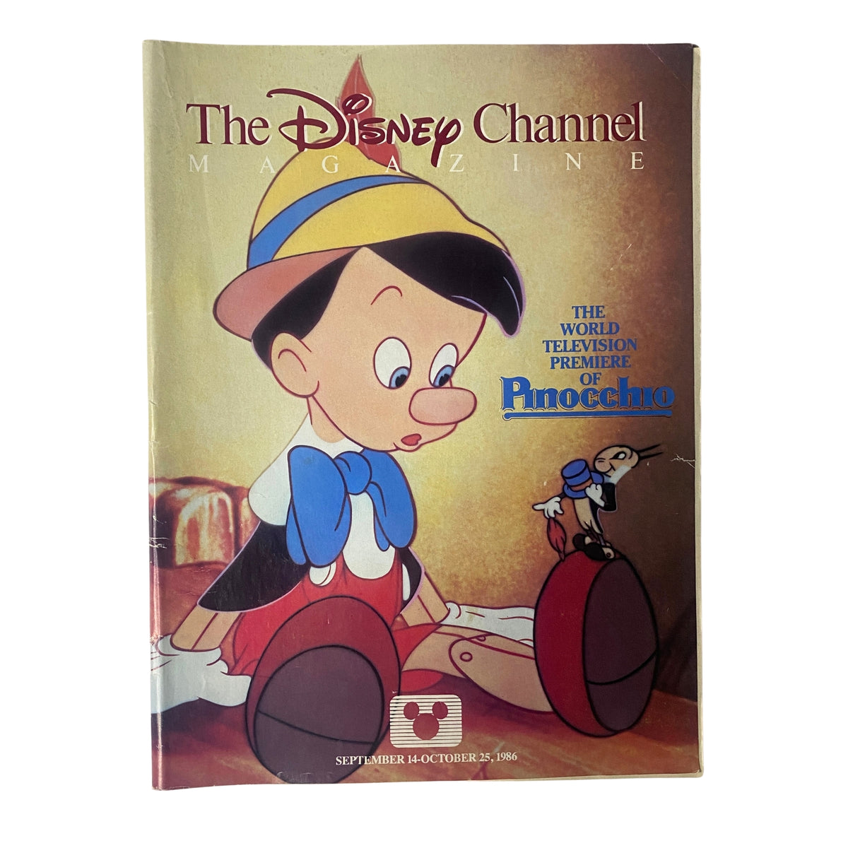 Cover of The Disney Channel Magazine featuring Pinocchio, highlighting the world television premiere of Walt Disney's Pinocchio, dated September 14, 1986.