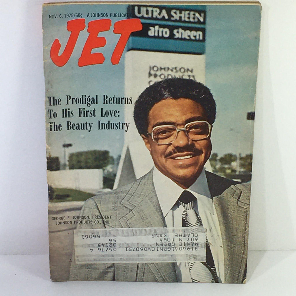 Cover of Jet Magazine, November 6, 1975, featuring the article 'The Prodigal Returns To His First Love: The Beauty Industry' with a portrait of George E. Johnson, President of Johnson Products Company.