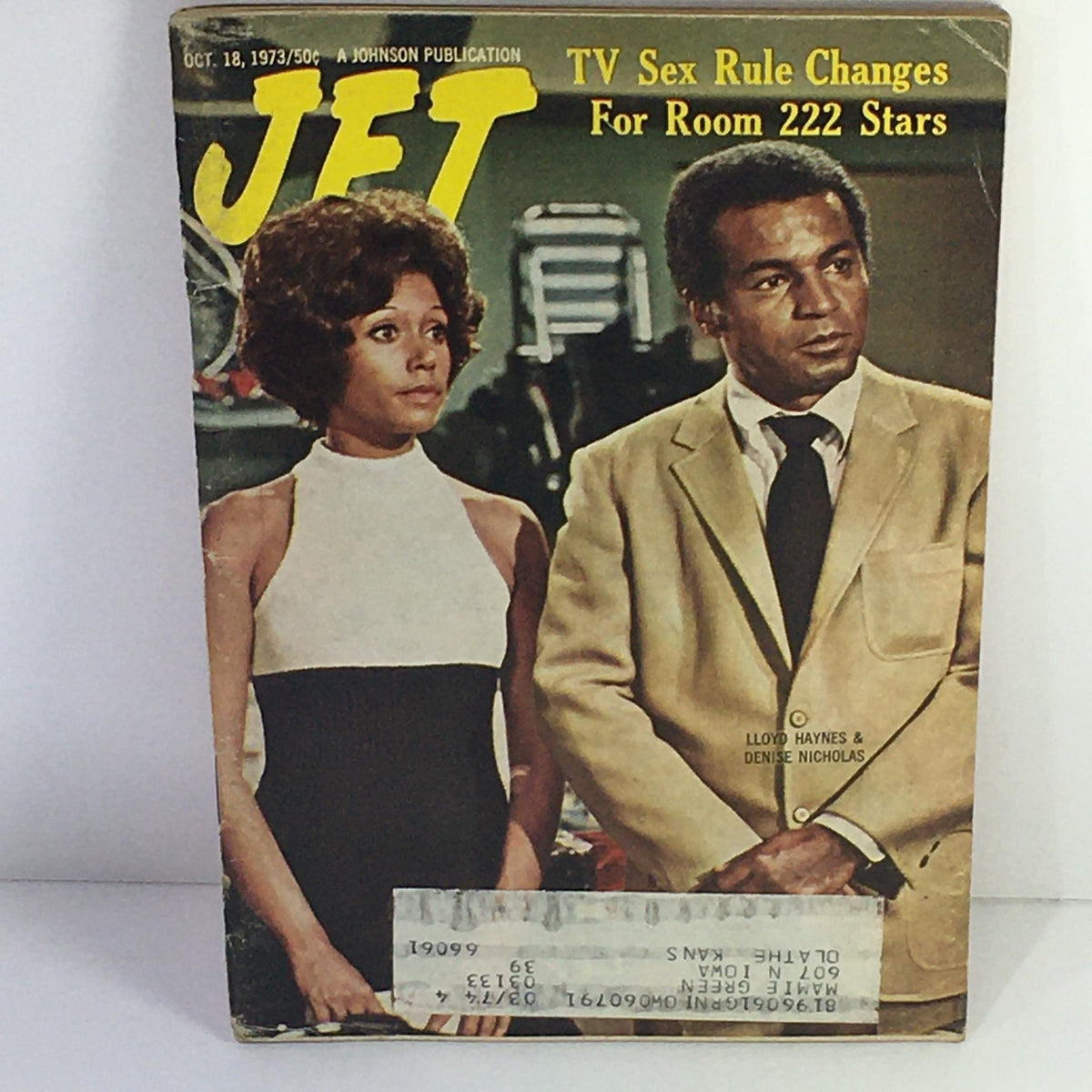Cover of Jet Magazine from October 18, 1973, featuring the article 'TV Sex Rule Changes For Room 222 Stars', showcasing two actors dressed in 1970s fashion, highlighting the cultural conversations around television at the time.
