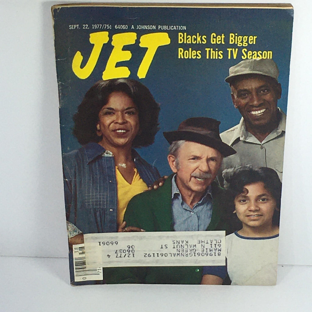 Cover of Jet Magazine, September 22, 1977, featuring the title 'Blacks Get Bigger Roles This TV Season' with a group of diverse individuals including a woman, a man, a child, and an older man in clothing representing the late 1970s. This vintage magazine highlights the cultural shift of African American representation in television during that era.