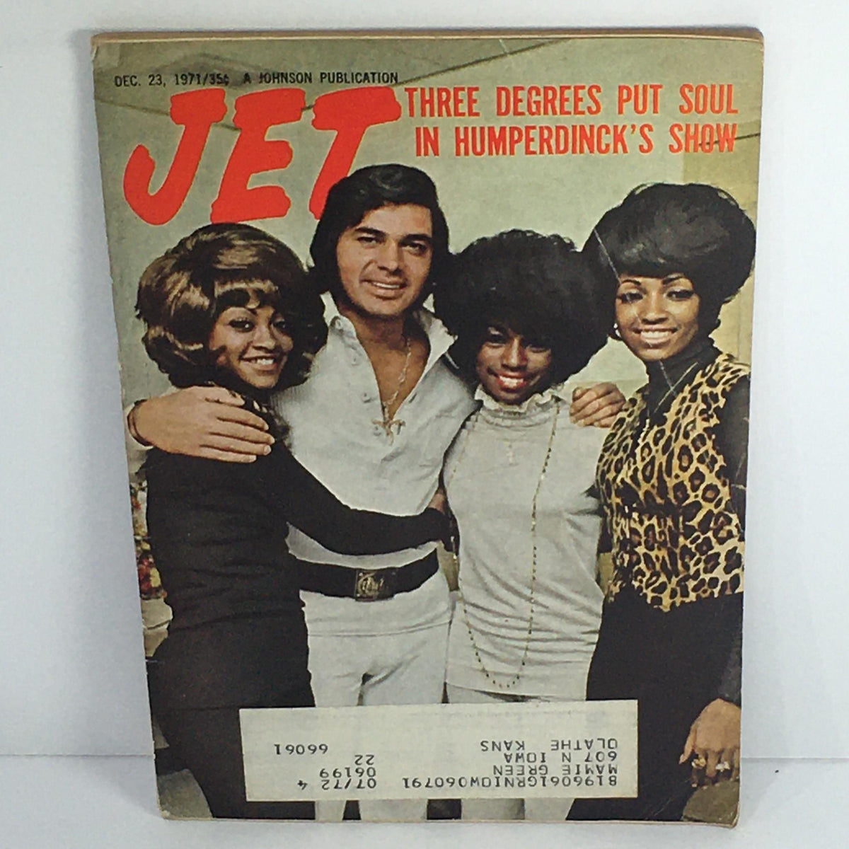 Vintage Jet Magazine cover from December 23, 1971 featuring the headline 'Three Degrees Put Soul In Humperdinck's Show'. The image shows three women in stylish outfits and a man, representing an iconic moment in the early 1970s music scene.