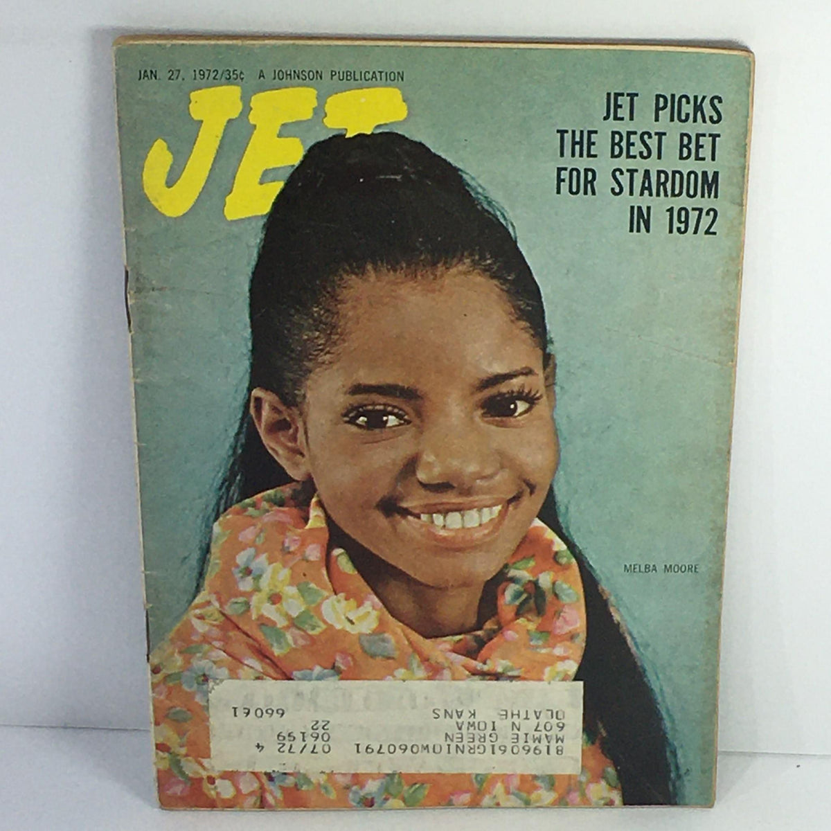 Cover of Jet Magazine, January 27, 1972, featuring the title 'Jet Picks The Best Bet For Stardom in 1972' with an image of a smiling young woman, Melba Moore, wearing a colorful floral scarf. This vintage magazine issue highlights Black entertainment and cultural history.