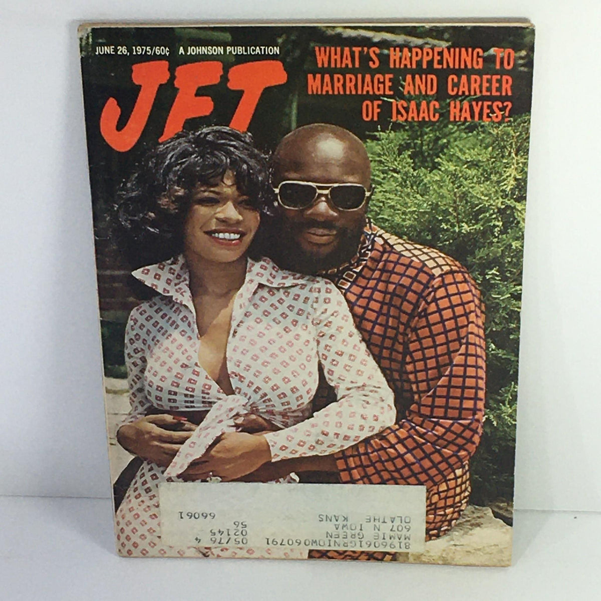 Cover of Jet Magazine dated June 26, 1975, featuring the title 'What's Happening to Marriage and Career of Isaac Hayes?' The magazine showcases a couple, with Isaac Hayes in stylish attire, conveying the cultural significance of the 1970s.