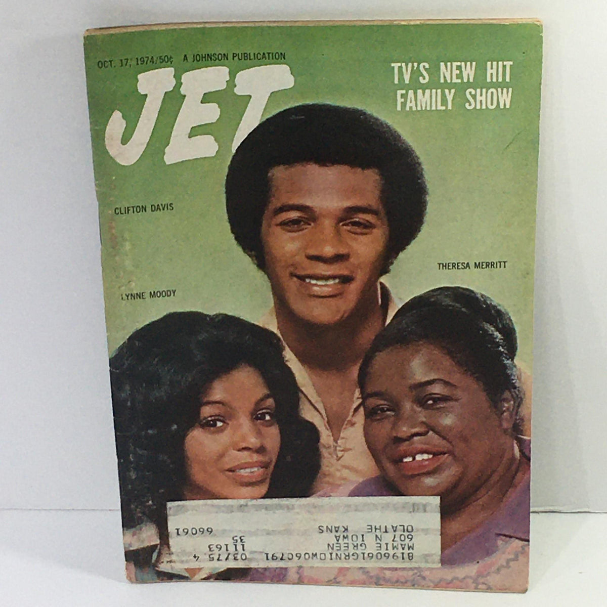 Jet Magazine cover from October 17, 1974, featuring Clifton Davis, Lynne Moody, and Theresa Merritt, highlighting TV's New Hit Family Show.
