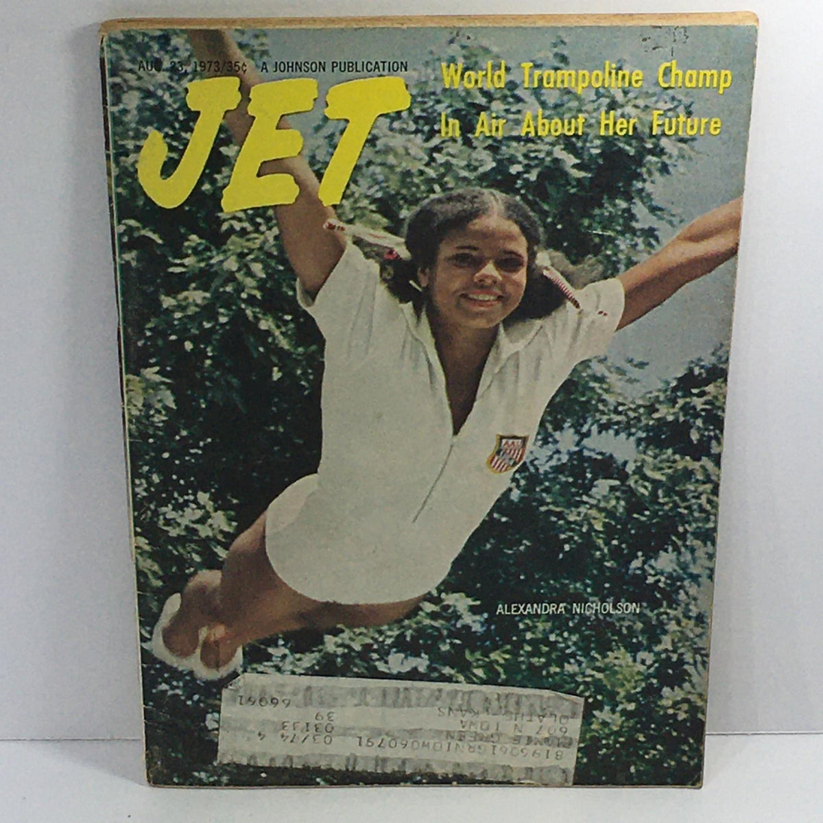 Cover of Jet Magazine from August 23, 1973, featuring the World Trampoline Champion in mid-air, showcasing her enthusiasm for the sport and discussing her future aspirations.