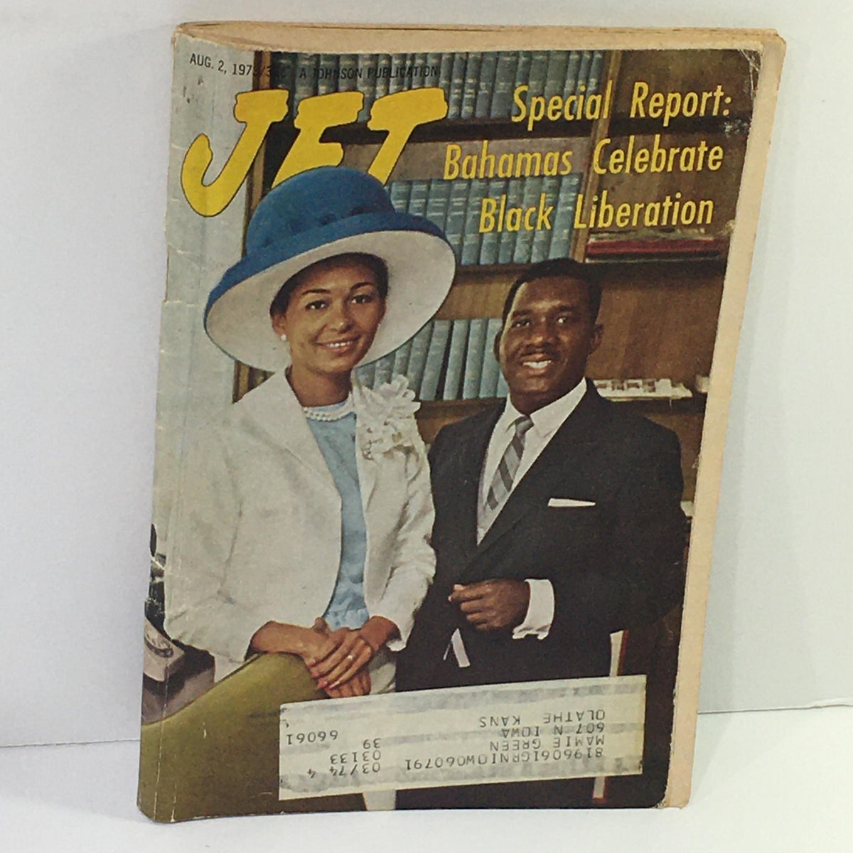 Cover of Jet Magazine dated August 2, 1973, featuring a Special Report on how the Bahamas celebrates Black Liberation, showcasing a man and a woman dressed in formal attire.
