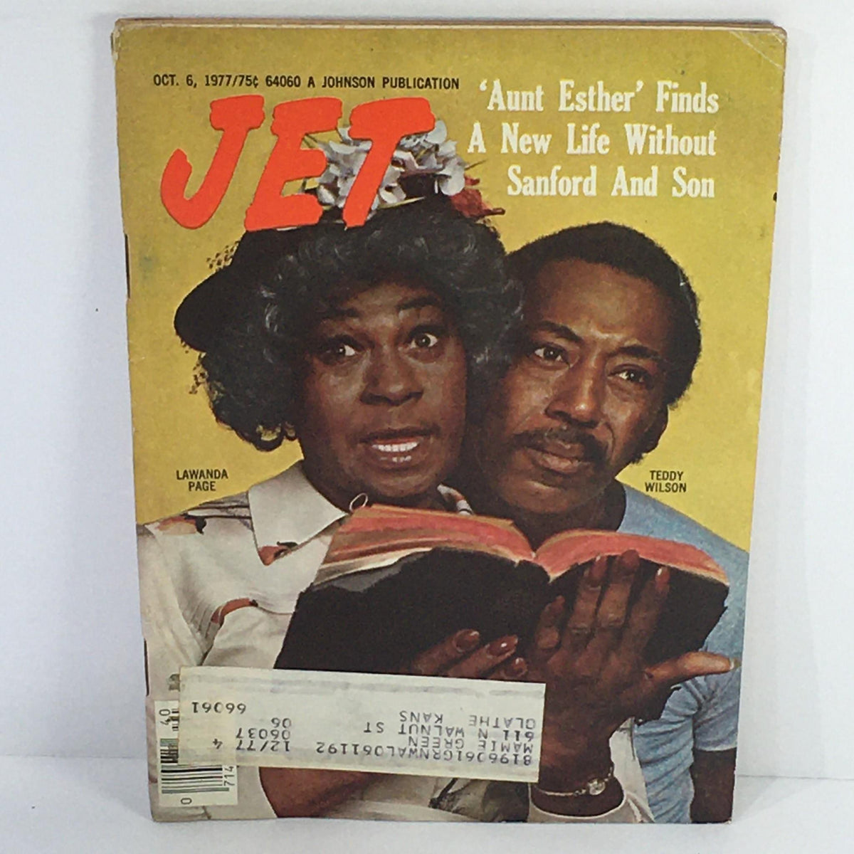 Jet Magazine cover from October 6, 1977, featuring 'Aunt Esther' with the title 'Aunt Esther Finds A New Life Without Sanford & Son', highlighting Lawanda Page and Teddy Wilson.