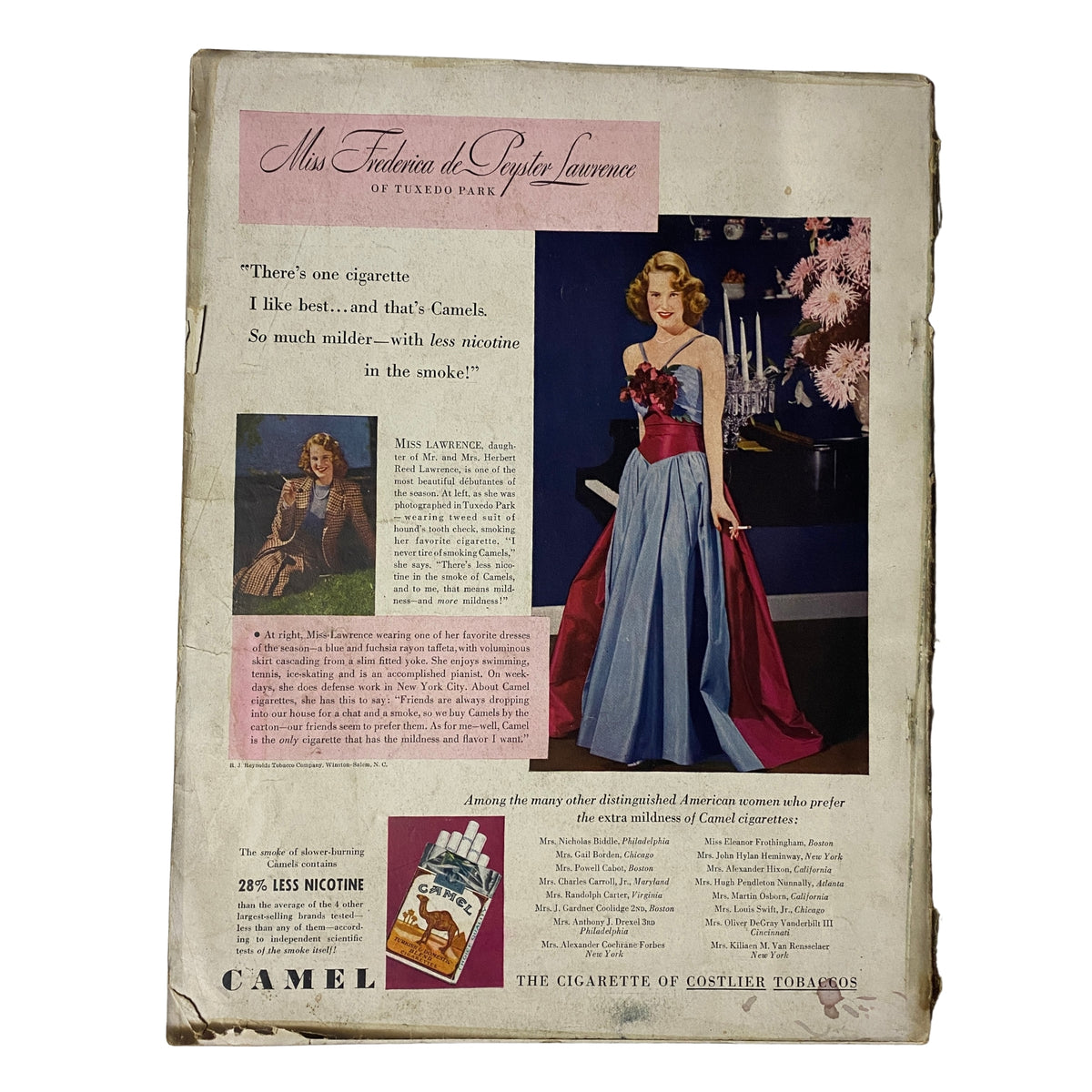 Vogue Magazine March 1, 1942 Wartime Look Cover by Horst P. Horst featuring a vintage advertisement for Camel cigarettes showcasing a glamorous actress, emphasizing mid-century advertisement styles with the phrase '28% Less Nicotine'.