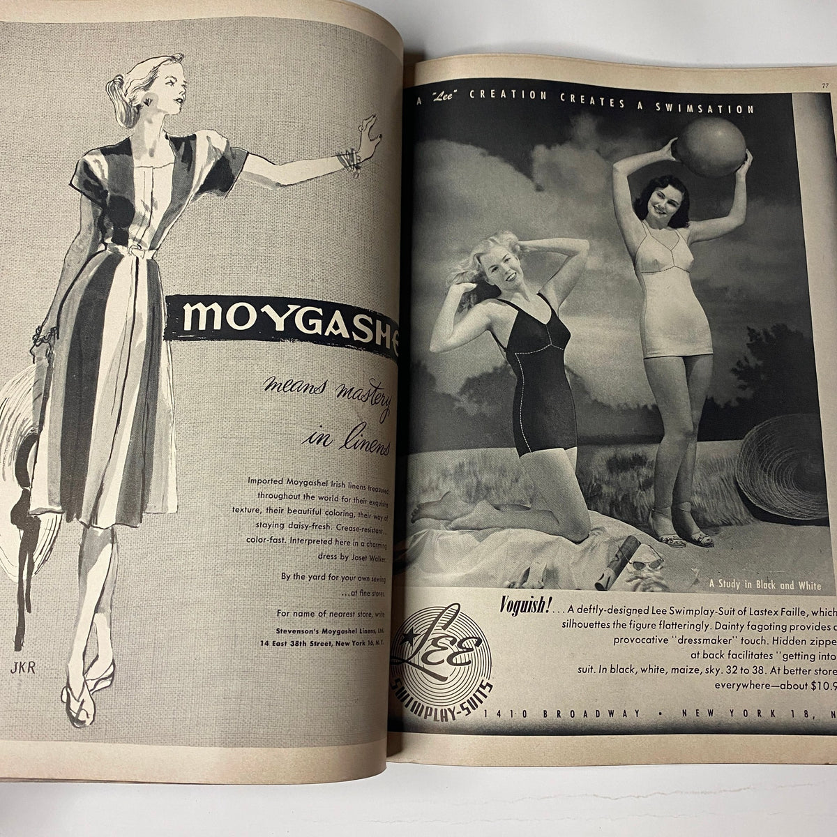 Classic swimwear advertisement showcasing models in stylish swimsuits, highlighting the summer fashion trend from Vogue Magazine May 1, 1947 Summer Beauty Brides by Irving Penn.