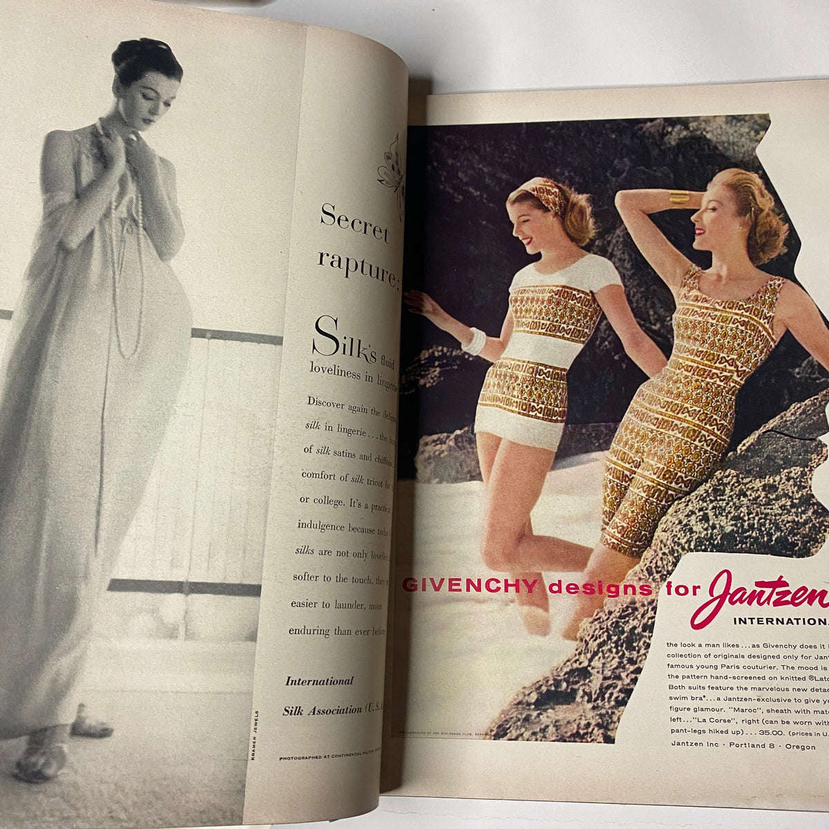 Fashion illustration in Vogue Magazine April 15, 1957 featuring Givenchy designs for Jantzen swimwear, highlighting mid-century style and elegance.