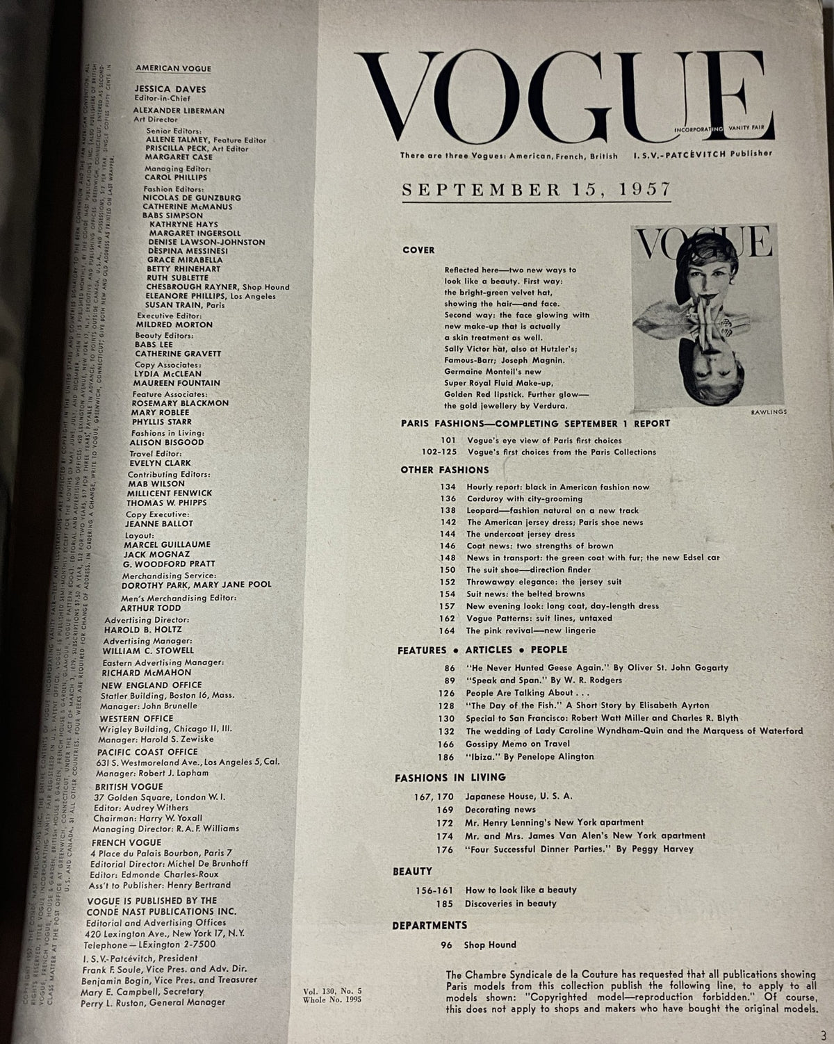 Table of contents page from Vogue Magazine September 15, 1957 featuring headings including Paris Fashions, Other Fashions, Features, and Beauty.