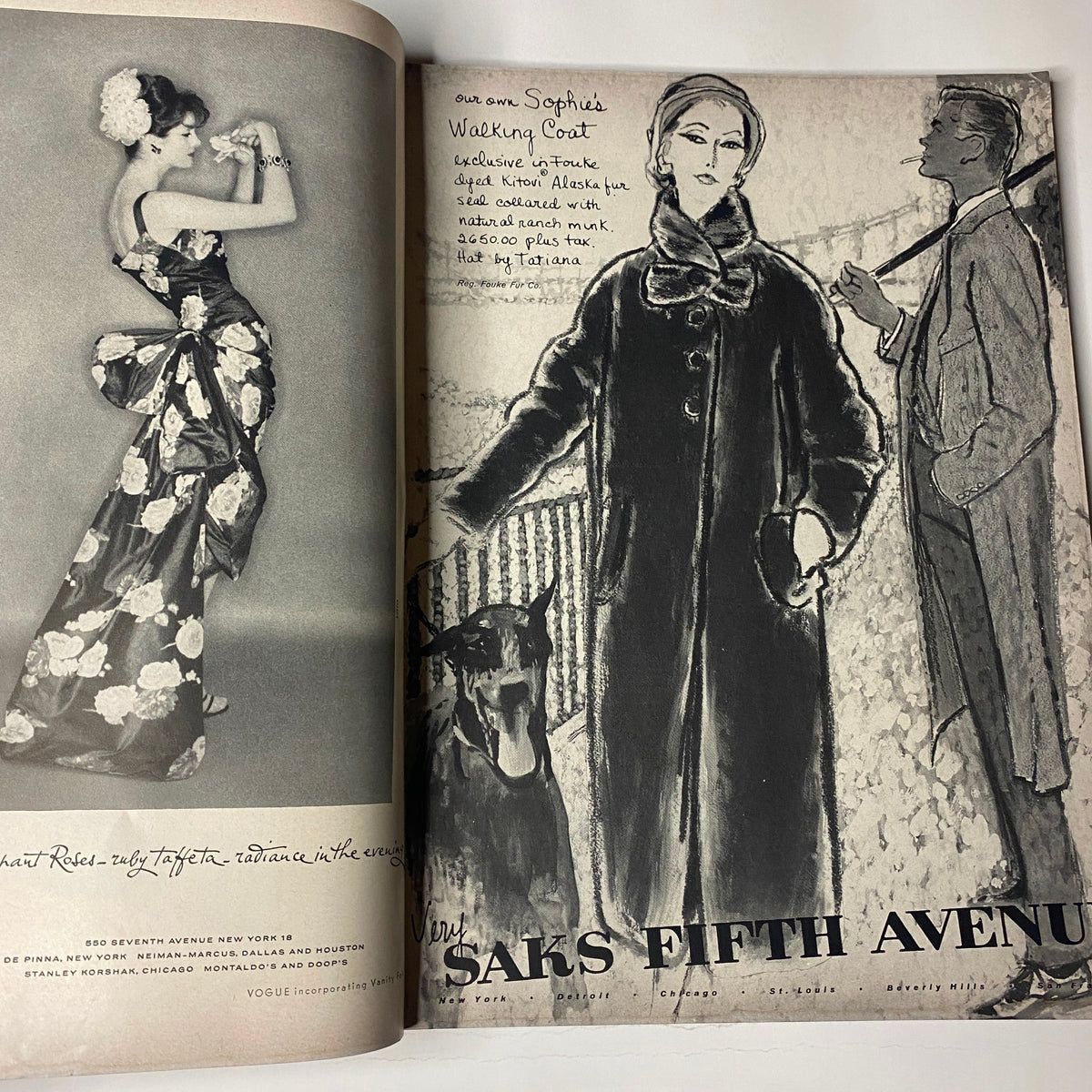 Fashion illustration and article from Vogue Magazine September 15, 1957, featuring a model with a dog in a fashionable outfit showcased in the context of Saks Fifth Avenue.