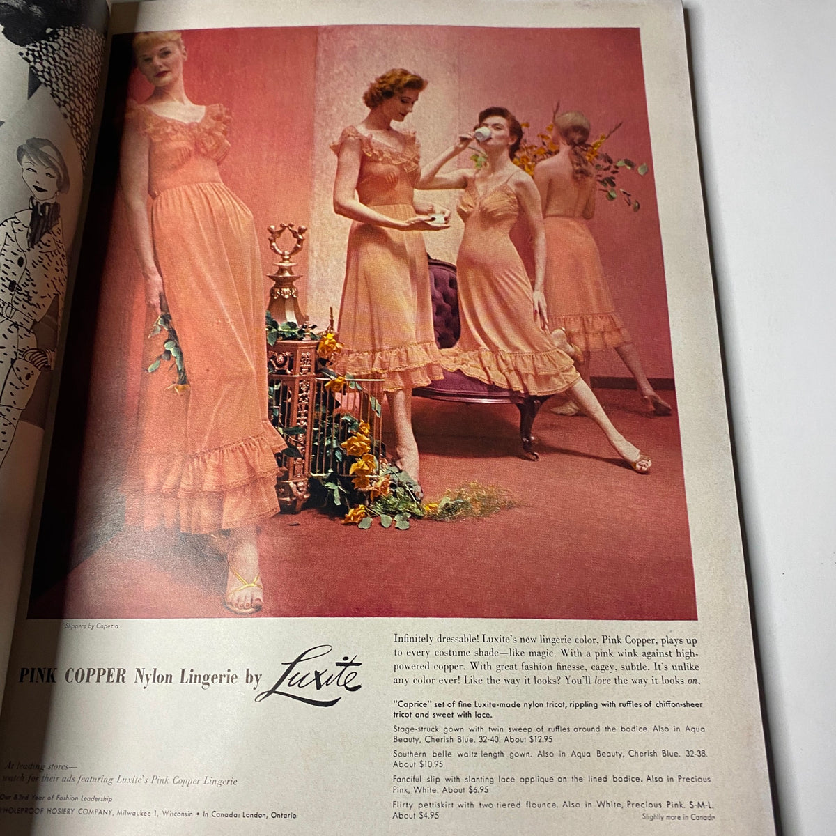 Vogue Magazine November 1, 1955 features a fashion advertisement showcasing Luxite's Pink Copper Nylon Lingerie, highlighting elegant designs worn by models in a vintage setting.