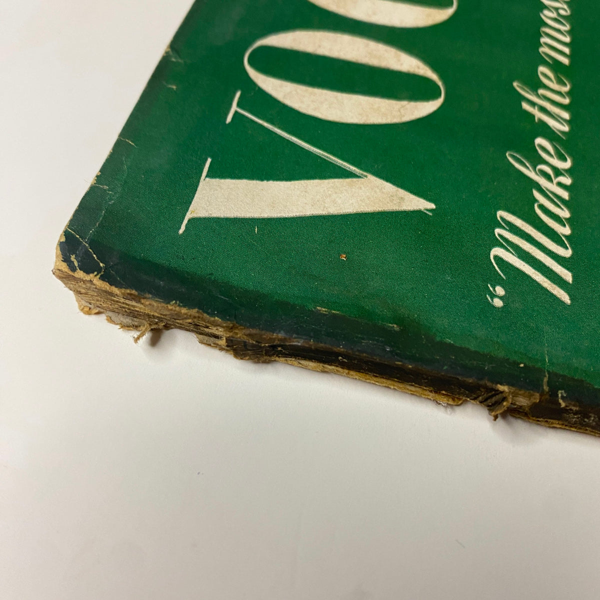 Detailed view of the spine of Vogue Magazine April 15, 1941, showing age-related wear, providing insights into the magazine's historical significance in vintage fashion.