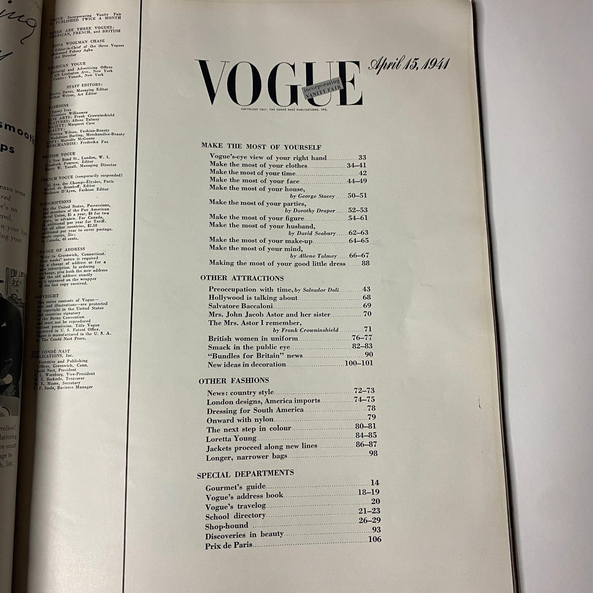 Table of contents from Vogue Magazine April 15, 1941 featuring sections like 'Make the Most of Yourself' and 'Other Attractions'.